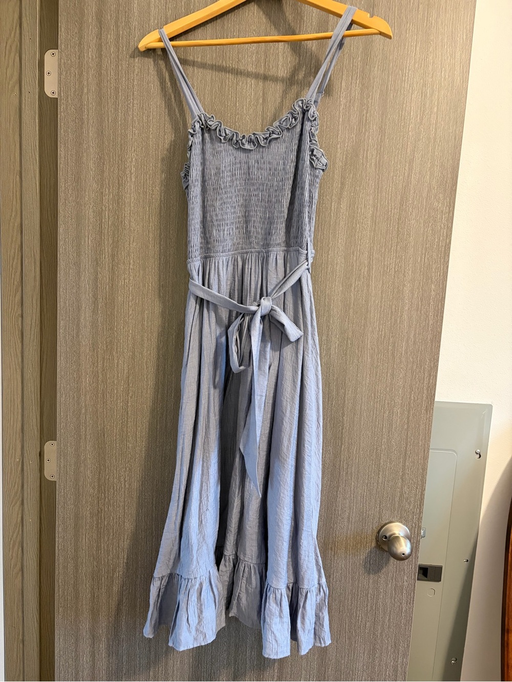 Bluivy Light Blue Ruffle-Trim Midi Dress with Tie Waist